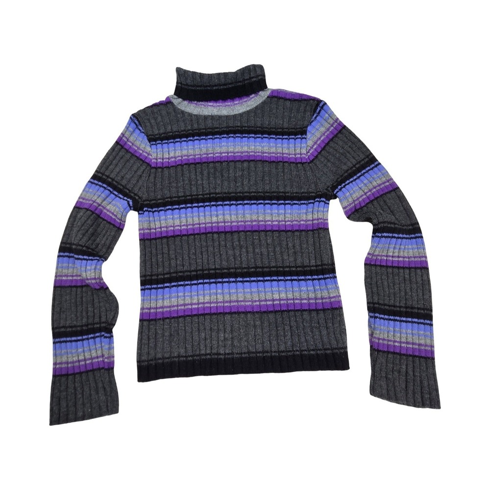 Arizona Jean Co Vintage Y2K Turtleneck Sweater Gray Purple Blue Striped Ribbed